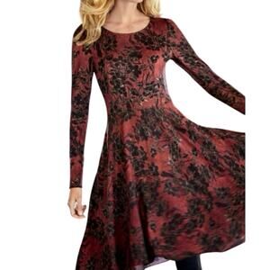 PERUVIAN CONNECTION Finley Red Black Floral Fit and Flare Dress - Sz Medium